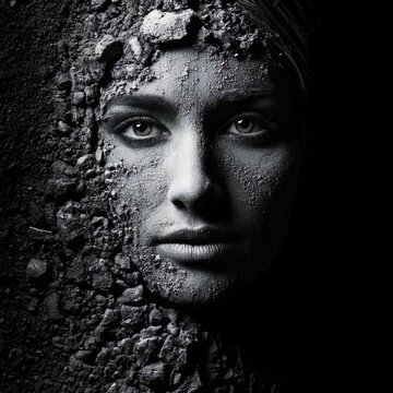 Half in realism, Half in shadow, a face emerges from ashes