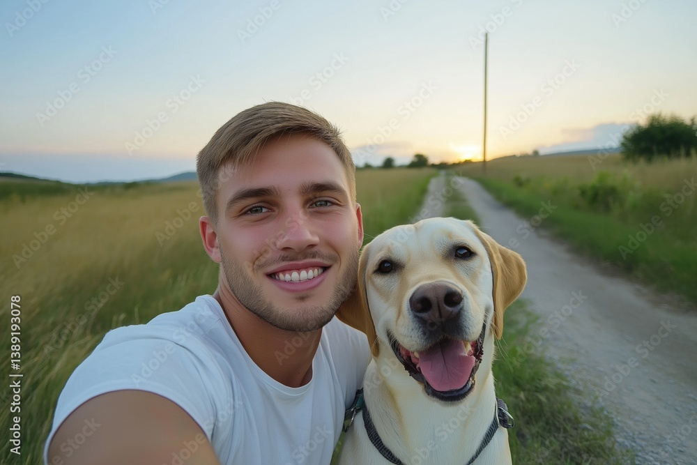 Poster a man is smiling and taking a picture of his dog. the dog is wearing a collar and he is happy. the s