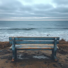 Ocean view with empty bench by the shore