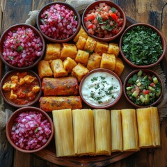 Colorful mezze platter with sauces and dips