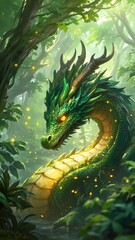 A green dragon with yellow eyes is sitting in a forest. The dragon is surrounded by trees and leaves, giving the impression of a peaceful and serene environment