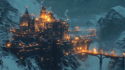Fototapeta premium A massive enchanted industrial plant built into the side of a glowing mountain