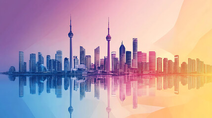 Colorful city skyline reflected in water. (1)