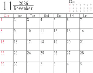 日曜だけ色付きのシンプルな2026年11月のマンスリーカレンダー素材