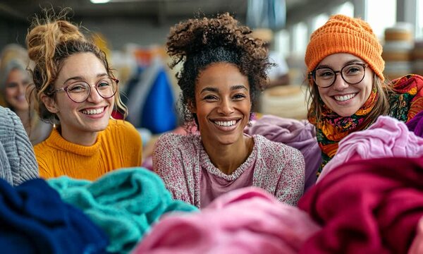 Three smiling women in cozy sweaters pose among colorful fabrics in a vibrant textile workshop