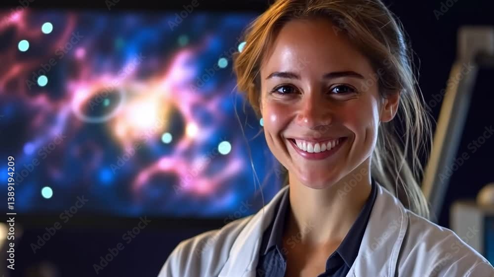 Poster this image features a cheerful woman in a lab coat, embodying enthusiasm for science in front of a s