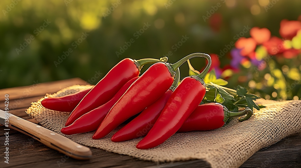 Poster fresh red chili peppers on burlap with a rustic knife and a colorful garden backdrop : generative ai