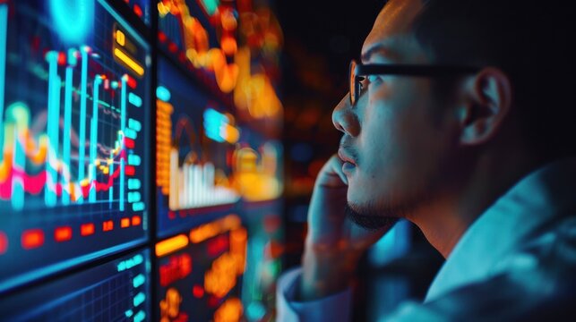 Analyst reviewing data, financial charts, night office, trading