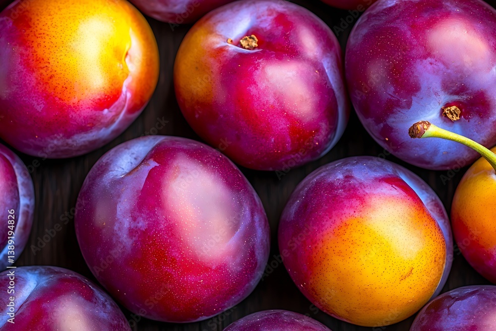 Poster close-up of juicy plums showcasing vibrant colors and textures on a dark background for fresh produc