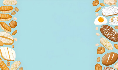 Assorted Breads and Pastries on Blue Background with Empty Space