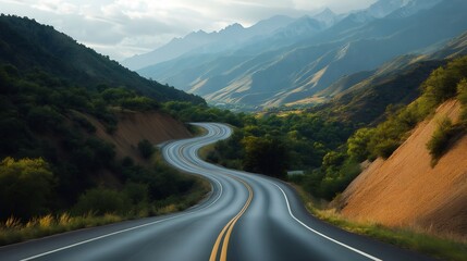 Winding road leading through mountain valley scenery