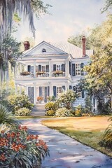 A detailed watercolor painting depicts a lovely white two story home