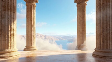 A serene landscape featuring ancient pillars against a bright sky, symbolizing timeless beauty and grandeur.