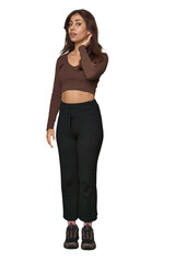 Middle Eastern woman, full body studio trying to listening a gossip.