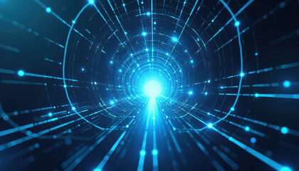 Abstract Blue Light Tunnel with Digital Data Lines