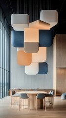 Modern, minimalist interior design with geometric pendant lights