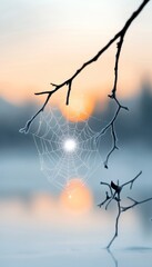 Dew-kissed spider web at sunrise over water