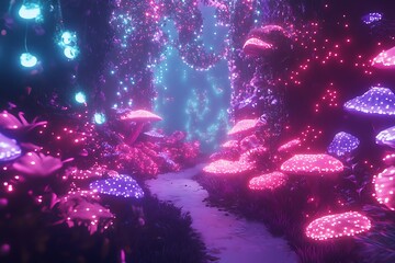 Fototapeta premium Glowing path leads through a fantasy forest, adorned with vibrant mushrooms and plants. Background is dreamy. For magical content