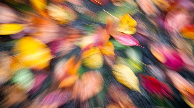 A soft-focus shot of colorful autumn leaves falling gently to the ground. pic