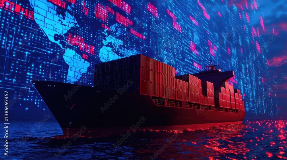 Poster cargo ship in global shipping and transportation logistic concept. cargo ship navigating through dig