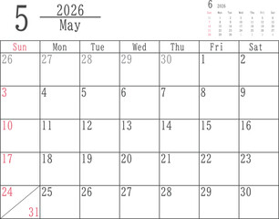 日曜だけ色付きのシンプルな2026年5月のマンスリーカレンダー素材