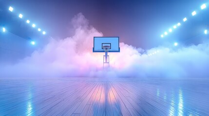 Obraz premium A vibrant basketball court surrounded by fog and illuminated by blue lights, creating a dramatic and energetic atmosphere.