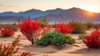 "A peaceful desert sunrise, with the first light of dawn gently touching the land, heralding the start of a new day."