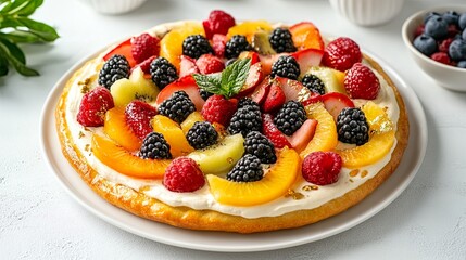 A quirky pizza topped with fruits and edible gold on a white plate pic