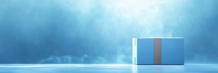 Creative E-commerce Delivery Concept: Abstract Marketing Background with Parcel, Data Screens, and Light Effects. Blue-tinted Express Service Visualization for Business Posters and Banners