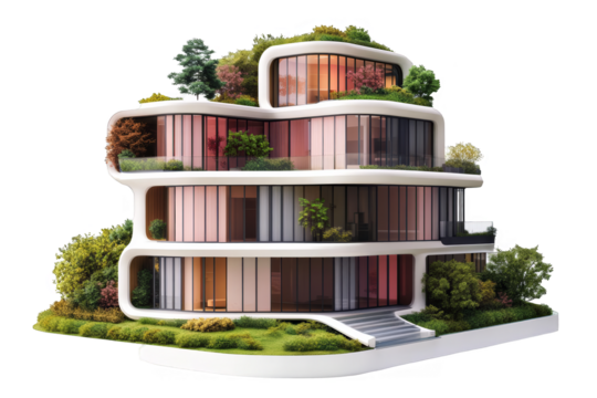 Modern Architectural Residential Building Illustration With Greenery and Transparency - Powered by Adobe