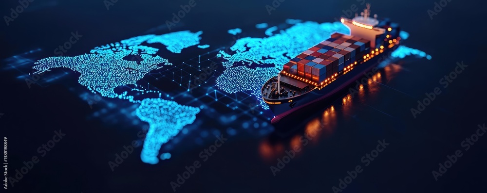 Poster cargo ship and containers in maritime transportation logistic concept. a container ship navigates a 