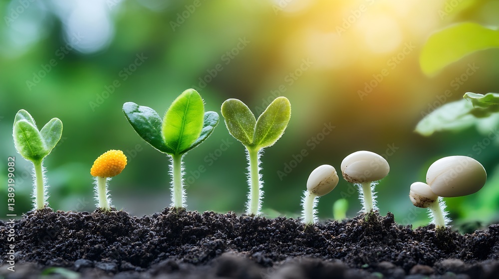 Poster growing plants and mushrooms showcase nature's diversity in a lush and vibrant environment with soft