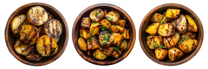 grilled photatoes on wood bowl, transparent background