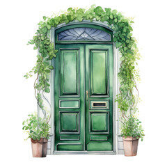 Elegant green double door with ornate gold details and lush ivy vines, captured in watercolor style on a white background. Classic architectural charm with botanical beauty png