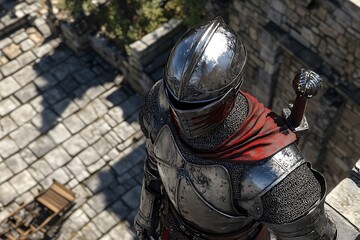 Fototapeta premium Knight in armor overlooking medieval castle, sword on his back, red cloak. Background stone architecture. Could be used for fantasy art