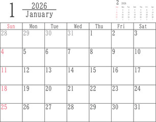 日曜だけ色付きのシンプルな2026年1月のマンスリーカレンダー素材