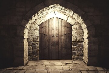Wooden door in an old stone building, with a lighted archway, background, entrance, architectural details