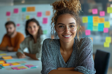A smiling young woman with curly hair, wearing glasses, is engaged in a collaborative brainstorming session in a modern office.