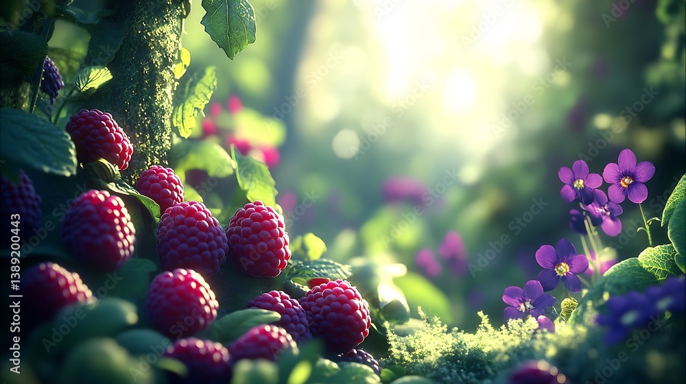 Poster beautiful forest scene with ripe red raspberries and delicate flowers illuminated by soft sunlight :
