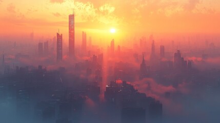 Futuristic city at sunrise
