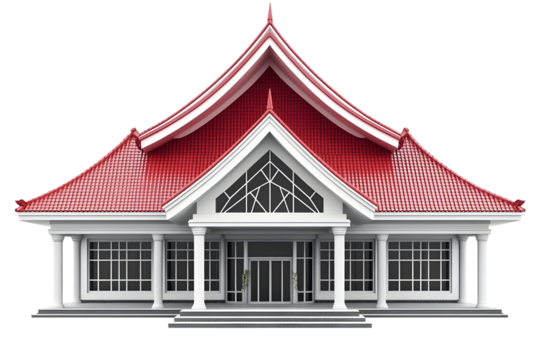 Modern Building Illustration With Red Roof And White Walls On Transparent Background