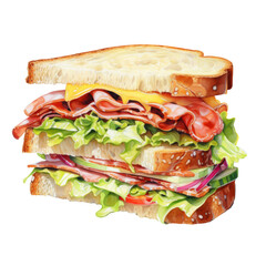 Delicious watercolor sandwich illustration with layers of lettuce, tomato, cucumber, cheese, and multigrain bread. Fresh and colorful on a clean white background png