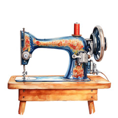 Vintage watercolor illustration of a classic sewing machine with detailed metallic parts and elegant green and wood tones. Isolated on a white background for a clean look png