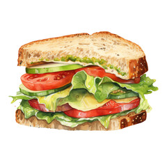 Delicious watercolor sandwich illustration with layers of lettuce, tomato, cucumber, cheese, and multigrain bread. Fresh and colorful on a clean white background png