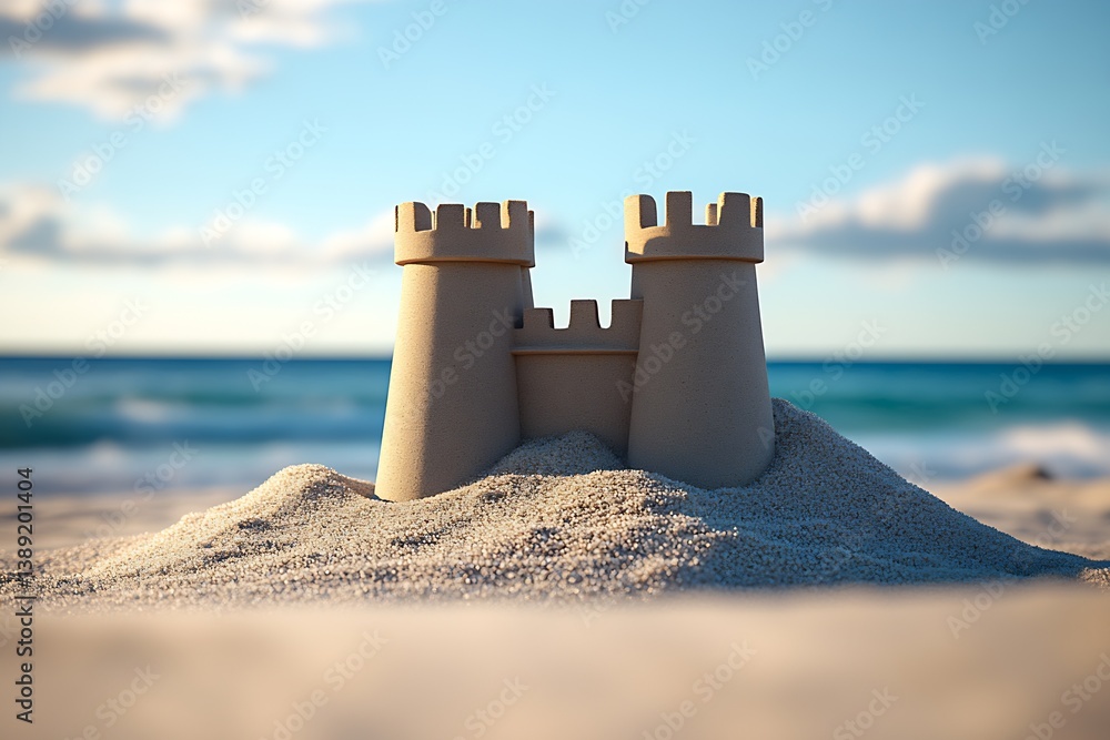 Poster intricate sandcastle on a bright beach with waves in the background : generative ai