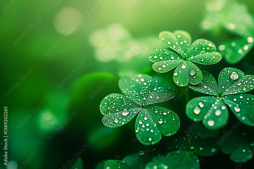 Aufkleber Fresh Green Clover Leaves Covered in Water Droplets with Soft Focus Background in Nature : Generative AI