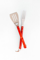 Steel barbecue and grill tools, top view. Equipment for picnic