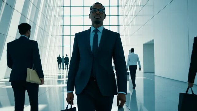 A group of business men walking through an open, well-lit lobby. The man at the front wears a suit and tie, is holding his briefcase, and is looking forward confidently, in his professional life.