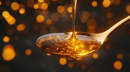 Golden liquid pouring onto spoon, bokeh background (2)