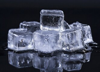 Obraz premium Macro photography of clear ice cubes, close-up, macro stock photo on a black background.
